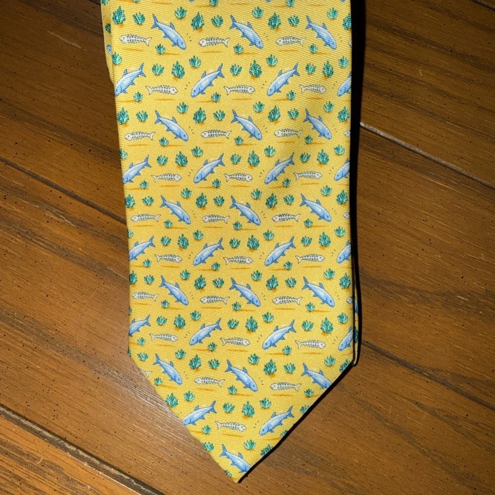 Bird Dog Bay‎ Men's Yellow Silk Tie With Fish Handmade USA Hand Drawn